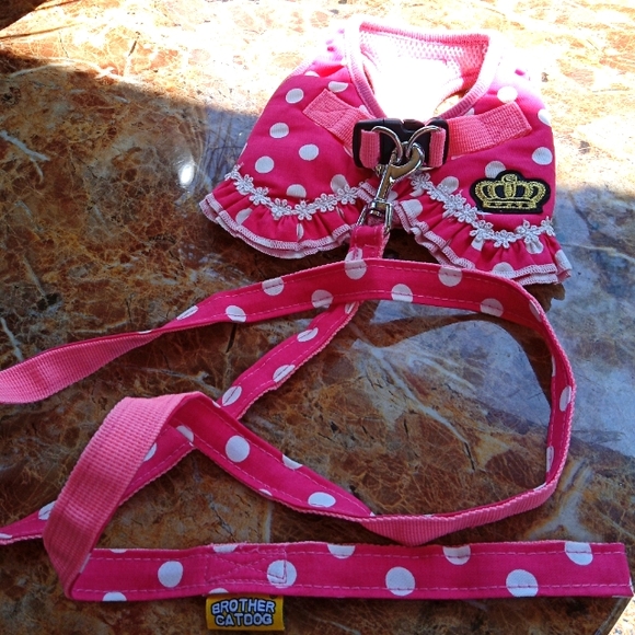 BROTHER CATDOG PINK/WHITE DOG HARNESS & LEASH SZ M